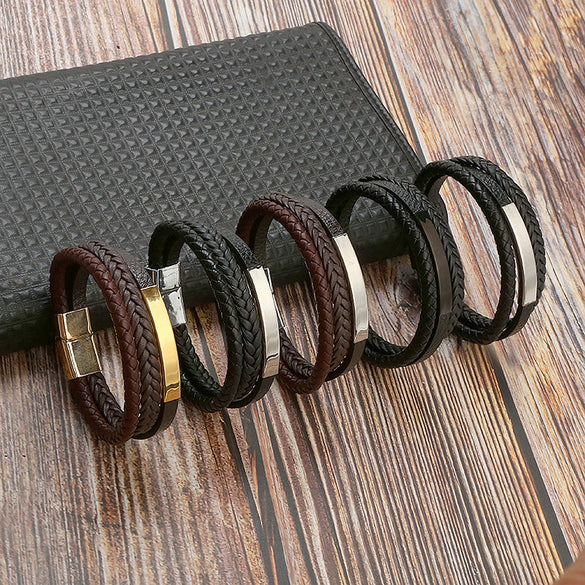 Leather And Stainless Steel Handwoven Magnetic Bracelets For Men Geometric Electroplated Jewelry