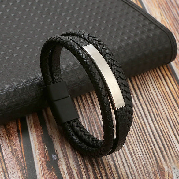 Leather And Stainless Steel Handwoven Magnetic Bracelets For Men Geometric Electroplated Jewelry