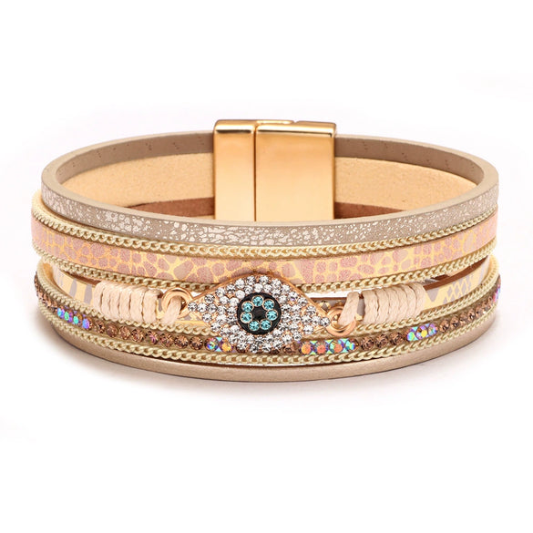Leather Bracelet Diamondencrusted Devil's Eye Electroplated Metal