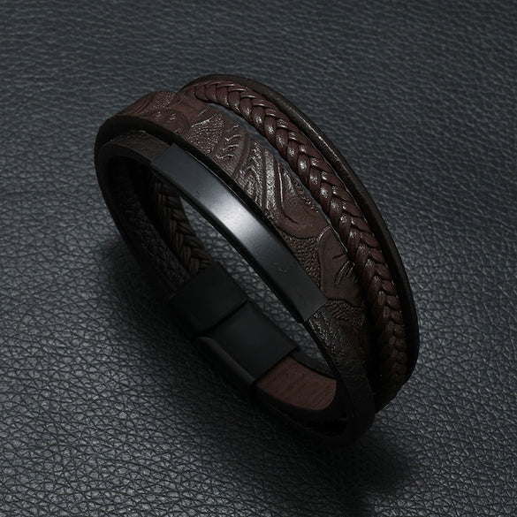 Leather Bracelet Retro Style Striped Printed Handmade Punk Magnet Buckle