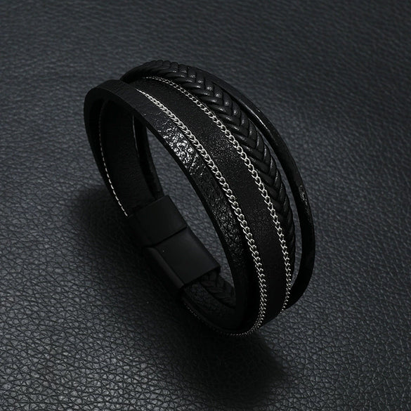 Leather Bracelet Retro Style Striped Printed Handmade Punk Magnet Buckle