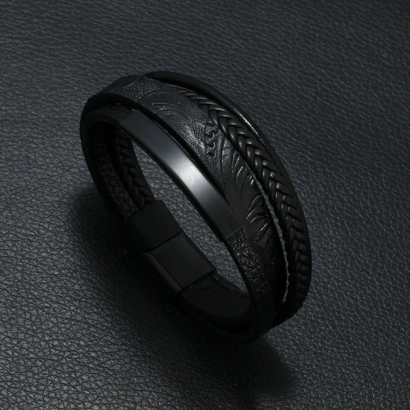 Leather Bracelet Retro Style Striped Printed Handmade Punk Magnet Buckle