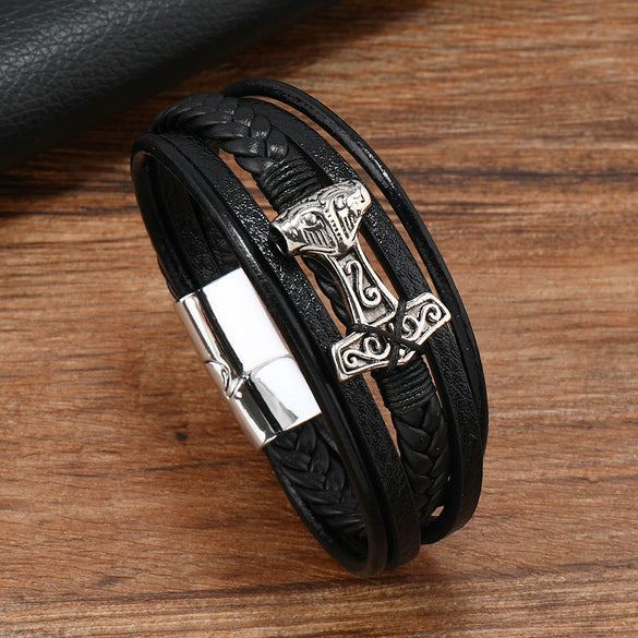 Leather Bracelet Stainless Steel Genuine Leather Woven Handmade Punk Geometric Men's Jewelry