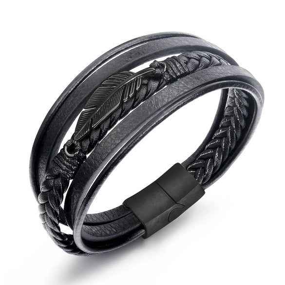 Leather Feather Multiloop Titanium Steel Electroplated Men's Bracelet