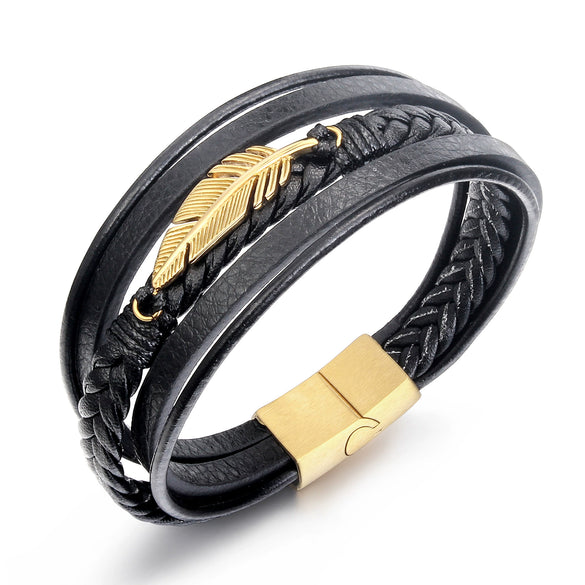 Leather Feather Multiloop Titanium Steel Electroplated Men's Bracelet