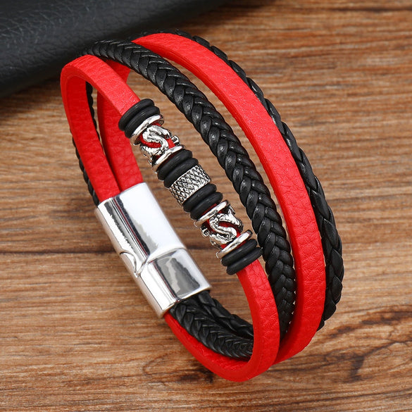 Leather Handmade Beaded Woven Bracelet With Dragon Pattern And Alloy Magnetic Buckle For Men