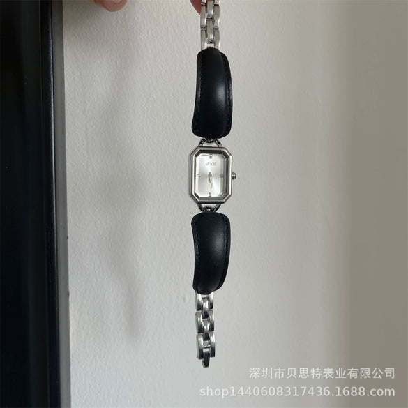 Leather Ladies Square Quartz Watch Bracelet With Elephant Design