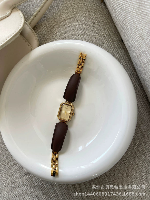 Leather Ladies Square Quartz Watch Bracelet With Elephant Design