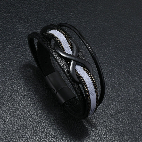Leather Men's Retro Handmade Multilayer Braided Magnetic Buckle Bracelet With Letters Numbers Text Design