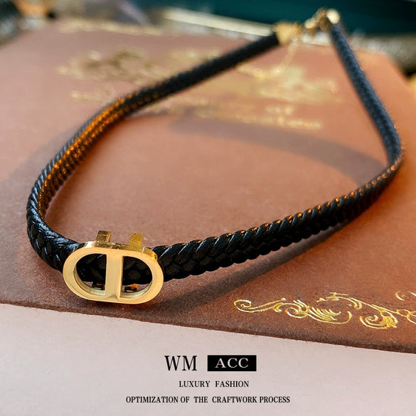Leather Neck Chain With Titanium Steel Letter D Pendant Electroplated Women's Creative Design