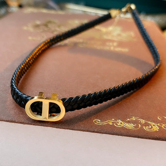 Leather Neck Chain With Titanium Steel Letter D Pendant Electroplated Women's Creative Design