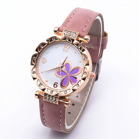 Leather Quartz Watch Set With Alloy Case Imitation Leather Strap Round Dial Starry Sky Pattern For Women