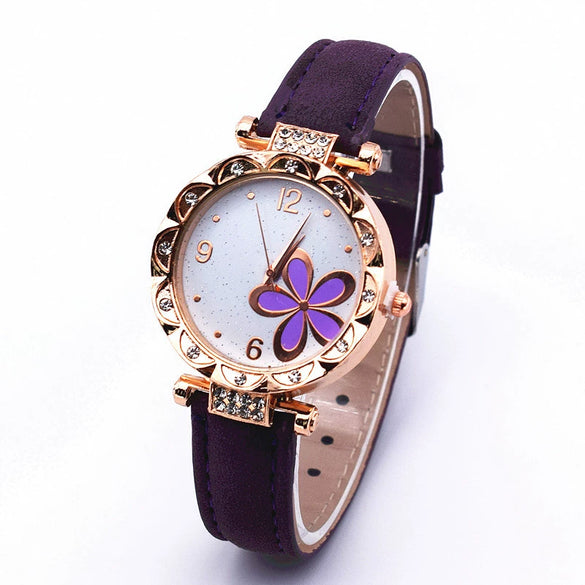 Leather Quartz Watch Set With Alloy Case Imitation Leather Strap Round Dial Starry Sky Pattern For Women