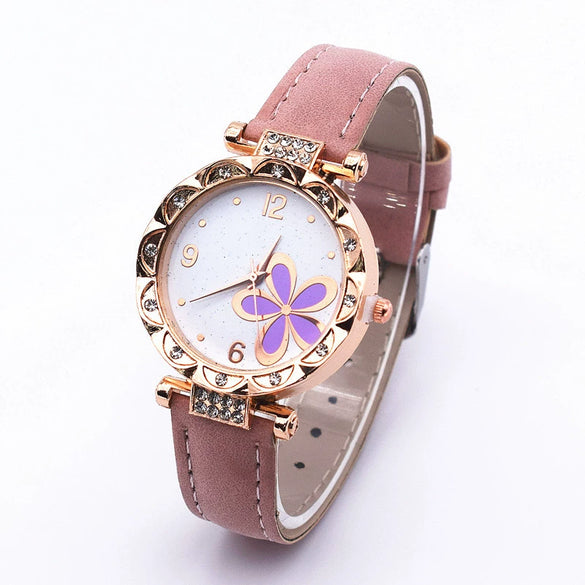 Leather Quartz Watch Set With Alloy Case Imitation Leather Strap Round Dial Starry Sky Pattern For Women
