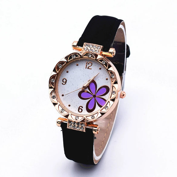 Leather Quartz Watch Set With Alloy Case Imitation Leather Strap Round Dial Starry Sky Pattern For Women