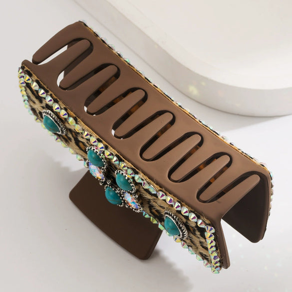 Leather Rhinestone Diamondencrusted Rectangle Hair Clip For Women Retro Simple Geometric Style