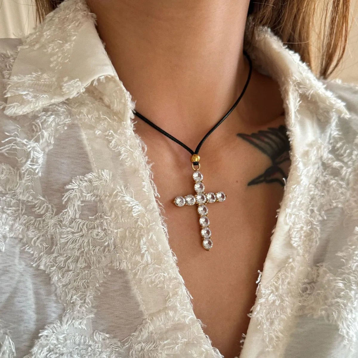 Leather Rope Titanium Steel Retro Cross Plating Inlay Zircon Pendant Necklace