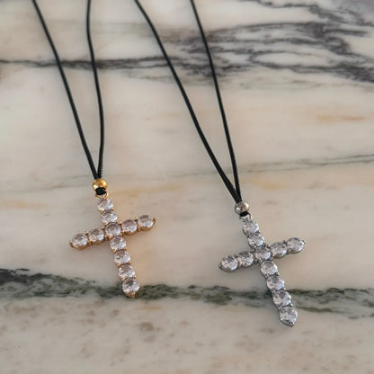 Leather Rope Titanium Steel Retro Cross Plating Inlay Zircon Pendant Necklace