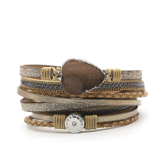 Leather Stainless Steel Geometric Shapes Woven Bracelet Jewelry With Electroplating Treatment