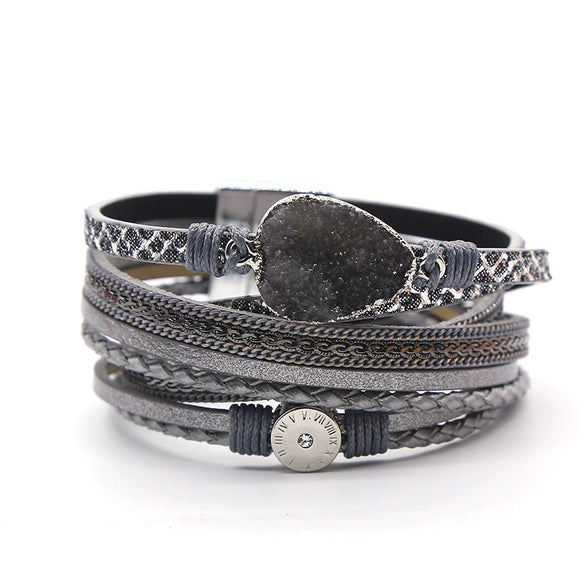 Leather Stainless Steel Geometric Shapes Woven Bracelet Jewelry With Electroplating Treatment