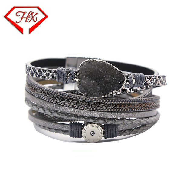 Leather Stainless Steel Geometric Shapes Woven Bracelet Jewelry With Electroplating Treatment