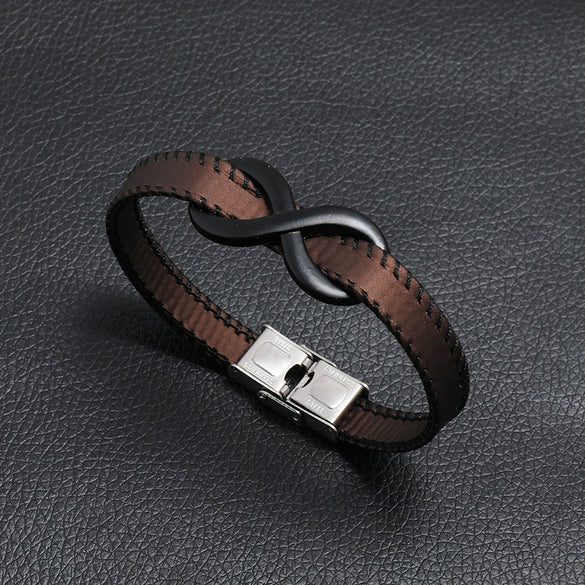 Leather Stainless Steel Hand Knitted Hiphop Infinite Symbol Men's Bracelet Jewelry