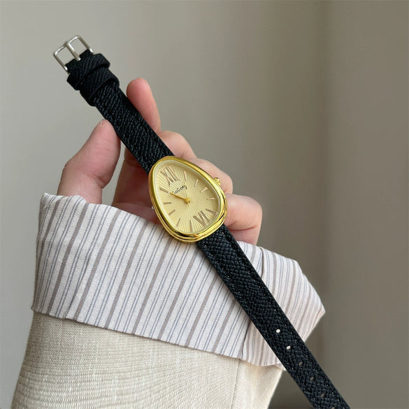 Leather Strap Women Quartz Watch Alloy Case Rose Gold Buckle Round Dial Leisure Style