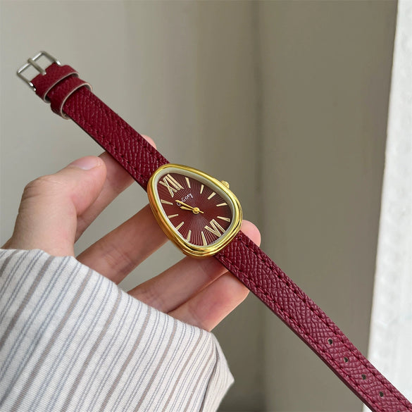 Leather Strap Women Quartz Watch Alloy Case Rose Gold Buckle Round Dial Leisure Style