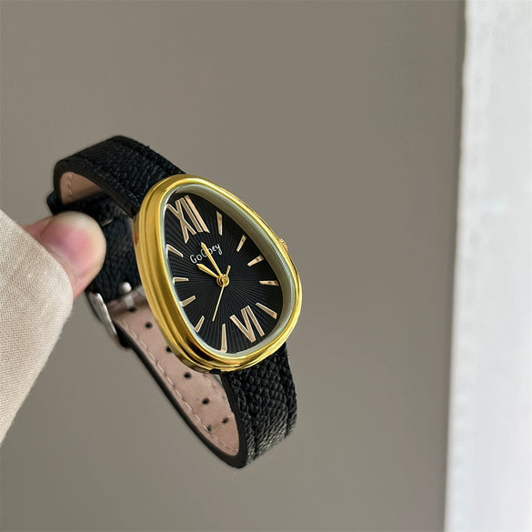 Leather Strap Women Quartz Watch Alloy Case Rose Gold Buckle Round Dial Leisure Style