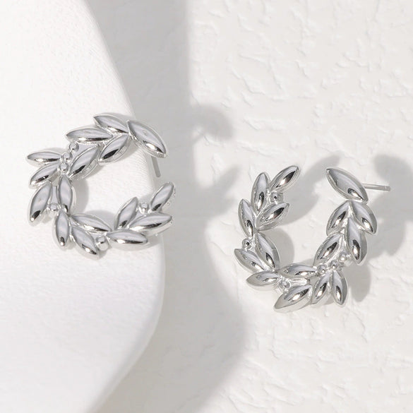 Leaves Stainless Steel Ear Studs For Women With Electroplating Treatment Simple Style