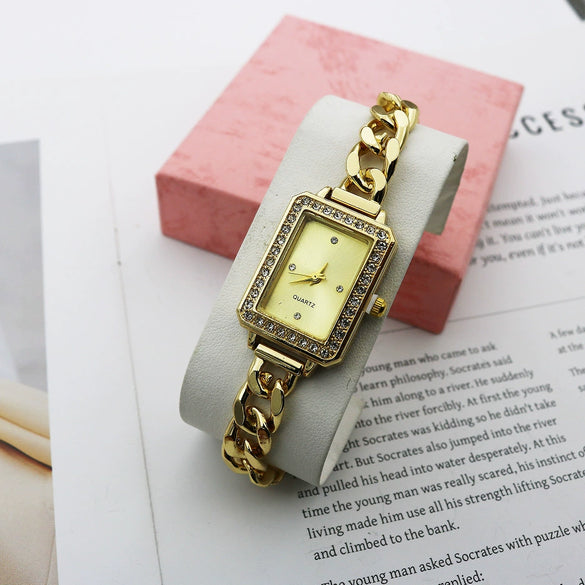Leisure Alloy And Stainless Steel Rectangular Diamondencrusted Women's Watch Bracelet