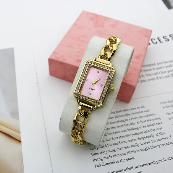 Leisure Alloy And Stainless Steel Rectangular Diamondencrusted Women's Watch Bracelet