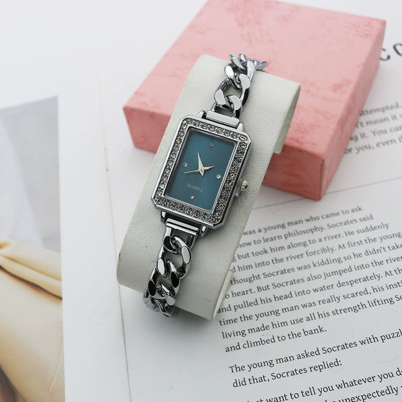 Leisure Alloy And Stainless Steel Rectangular Diamondencrusted Women's Watch Bracelet