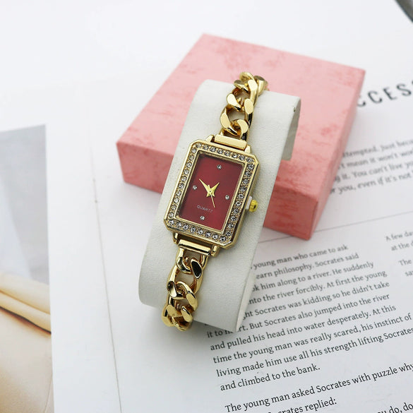 Leisure Alloy And Stainless Steel Rectangular Diamondencrusted Women's Watch Bracelet