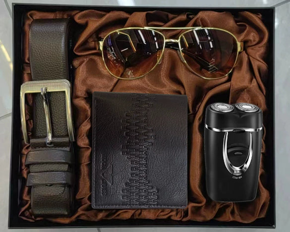 Leisure Business Men's Alloy Pu Watch Belt Wallet Set With Round Dial And Spiral Crown
