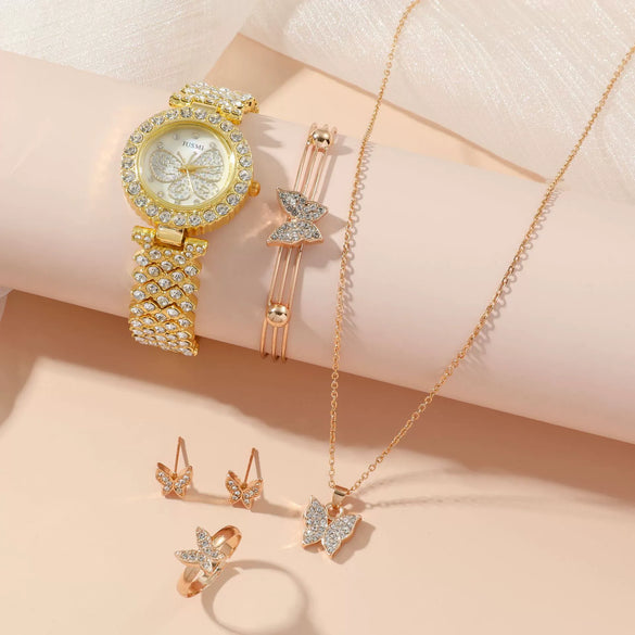 Leisure Butterfly Ladies Quartz Watch Set With Alloy Case Stainless Steel Clasp And Round Dial