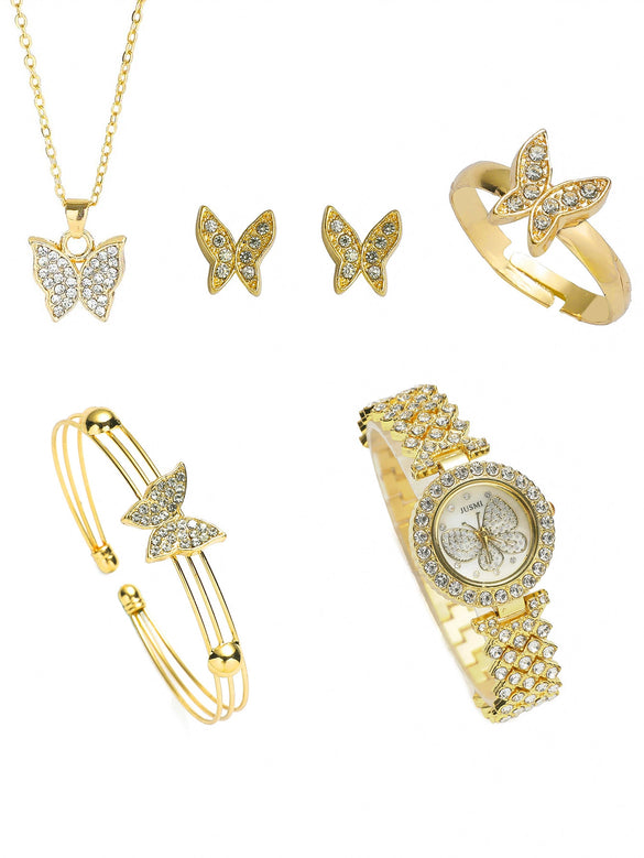 Leisure Butterfly Ladies Quartz Watch Set With Alloy Case Stainless Steel Clasp And Round Dial