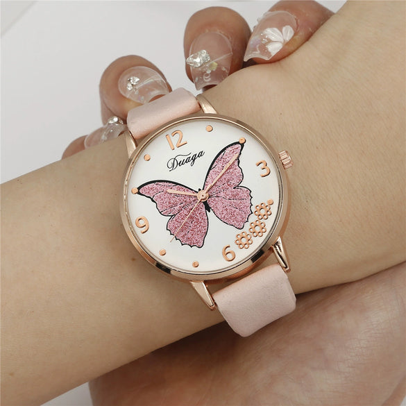 Leisure Butterfly Round Student Watch With Imitation Leather Strap And Stainless Steel Buckle