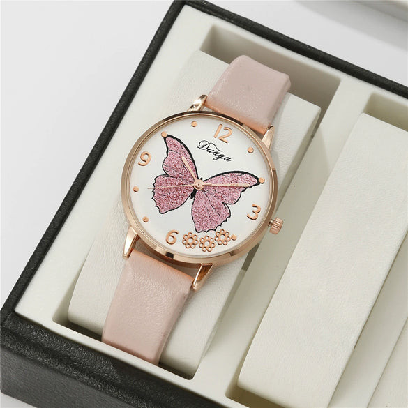 Leisure Butterfly Round Student Watch With Imitation Leather Strap And Stainless Steel Buckle
