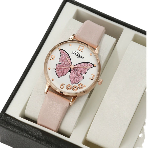 Leisure Butterfly Round Student Watch With Imitation Leather Strap And Stainless Steel Buckle
