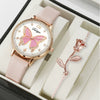 Leisure Butterfly Round Student Watch With Imitation Leather Strap And Stainless Steel Buckle