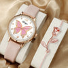 Leisure Butterfly Round Student Watch With Imitation Leather Strap And Stainless Steel Buckle