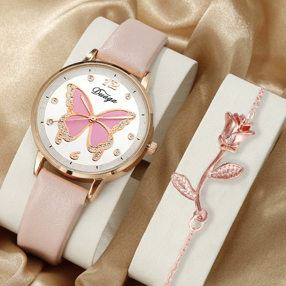 Leisure Butterfly Round Student Watch With Imitation Leather Strap And Stainless Steel Buckle