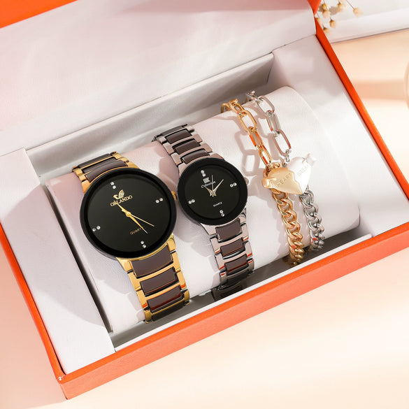 Leisure Couple Watch And Love Bracelet Set Alloy Case Stainless Steel Strap Round Dial