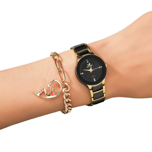 Leisure Couple Watch And Love Bracelet Set Alloy Case Stainless Steel Strap Round Dial
