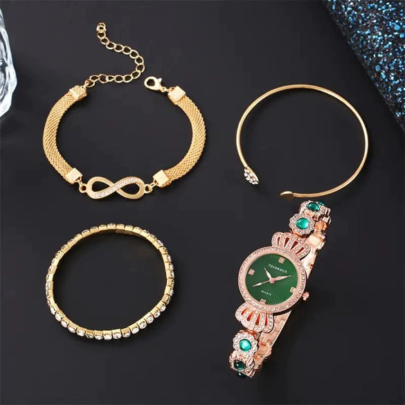 Leisure Diamondencrusted Alloy Case Imitation Leather Strap Round Dial Women's Bracelet Watch