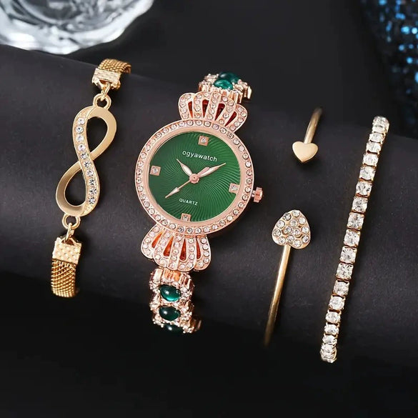 Leisure Diamondencrusted Alloy Case Imitation Leather Strap Round Dial Women's Bracelet Watch