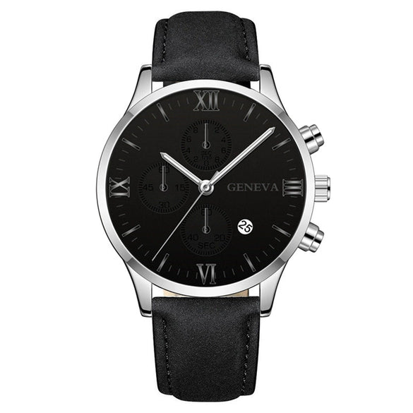 Leisure Fashion Calendar Roman Pattern Alloy Case Imitation Leather Strap Men's Watch