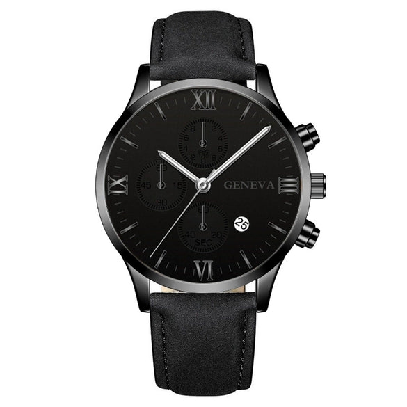 Leisure Fashion Calendar Roman Pattern Alloy Case Imitation Leather Strap Men's Watch