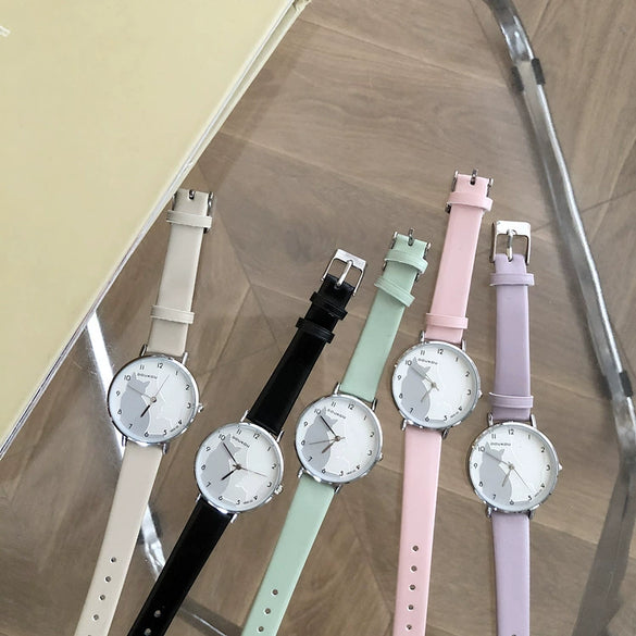 Leisure Fashion Round Alloy Case Female Watch With Cute Cat Pattern